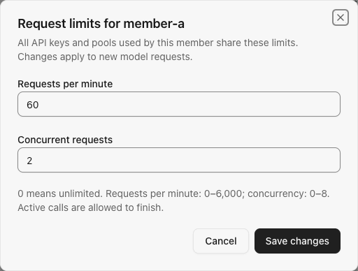 Member request limits dialog with rate and concurrency values