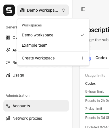 Workspace switcher showing the selected workspace and a create action